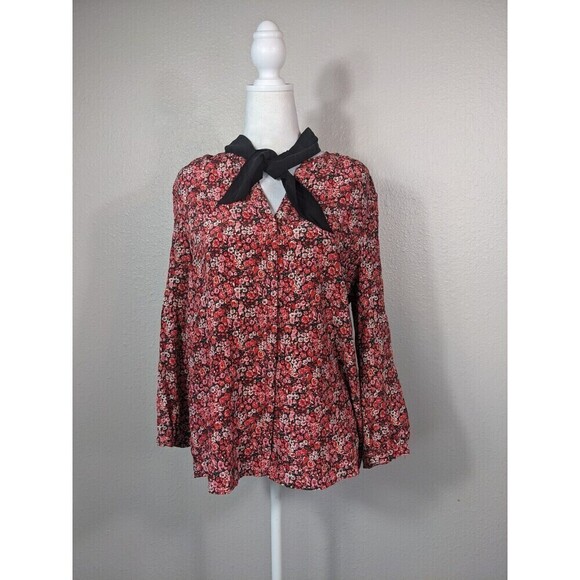 Joie Tops - Joie Women's 100% Silk Blouse‎ Red Black Floral S Removable Scarf Tie N36